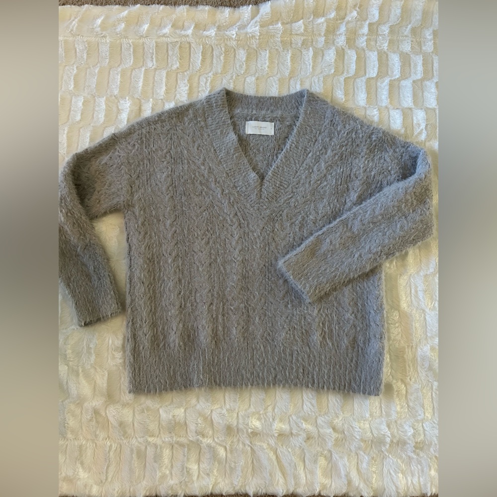 Lucky Brand V-neck Grey Soft Mohair Like Fuzzy Sweater